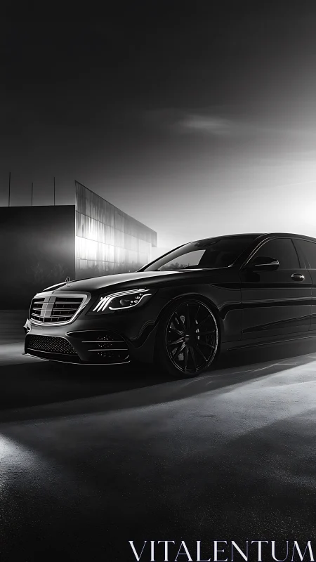 Low-key black sedan under directional lighting in industrial lot