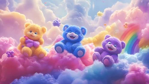Cuddly rainbow bears giggle atop pastel dream clouds.