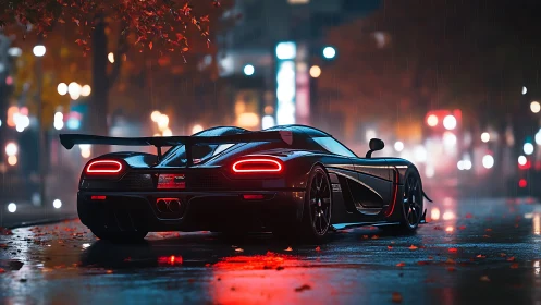 Supercar sits on wet city street under neon night rain