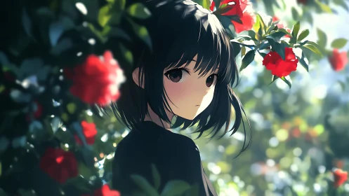 Girl in soft sunlight stands among vivid red blossoms.