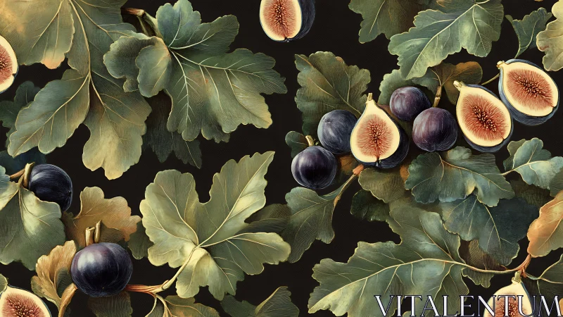 Vintage fig botanical pattern with dark leafy backdrop.