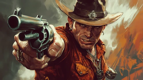 Cowboy aims revolver directly toward viewer in tense standoff