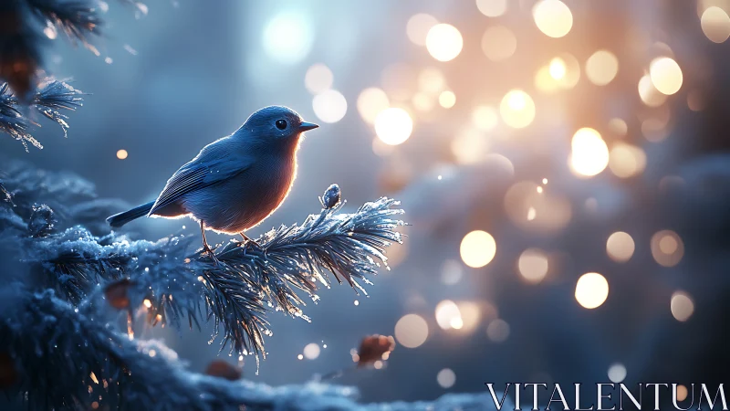 Winter-sparked songbird pauses on frosted pine in glowing hush