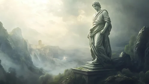 Colossal marble statue overlooking misty ancient valley