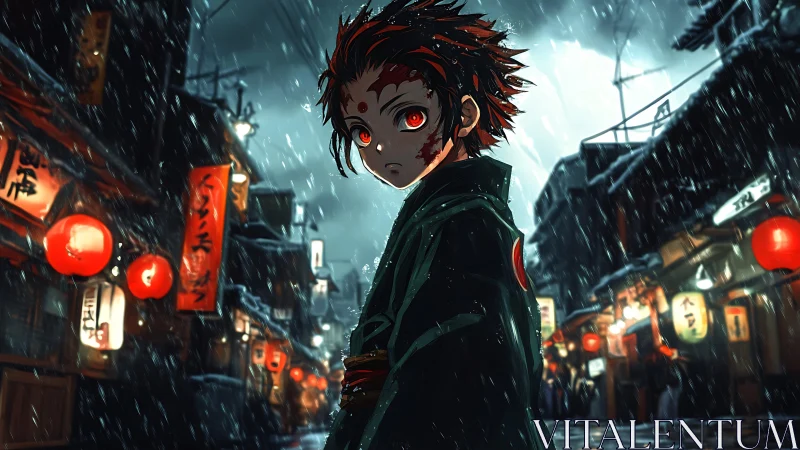 Red eyed anime boy in rainy lantern lit night street.