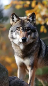 Photorealistic autumn wolf portrait with shallow depth of field.