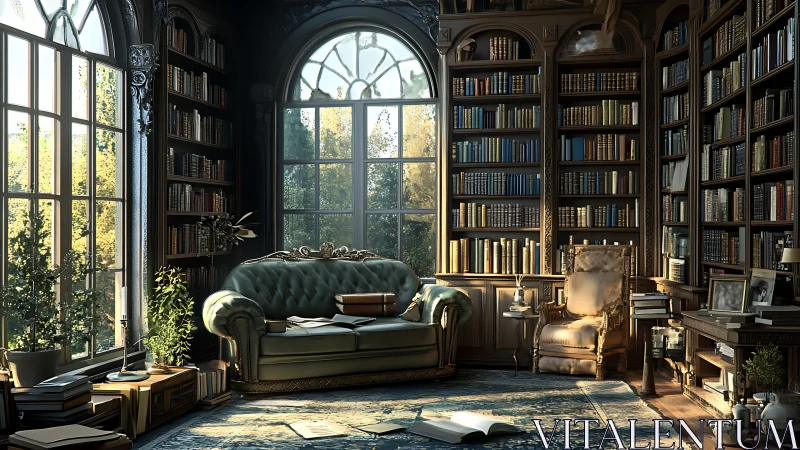 Classical home library with large windows and seating area.