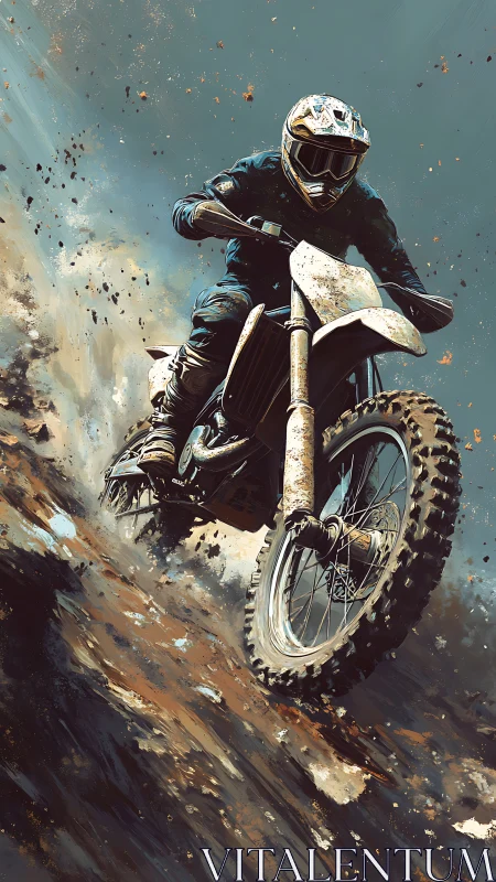 Motocross rider descends dirt slope on off-road motorcycle