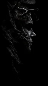 Rootbound visage emerging from darkness in profile study.