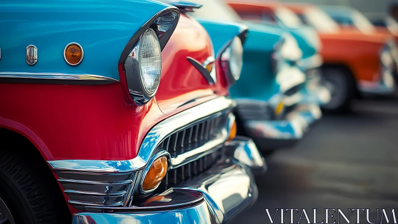 Chromed classic car lineup in vivid retro colors.