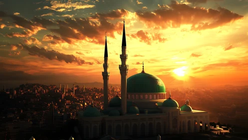 Sunlit mosque skyline under dramatic golden sunset sky.