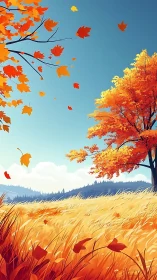 Golden autumn meadow dancing under a bright blue sky.