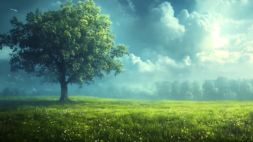 Lone green tree on sunlit meadow under dramatic sky.