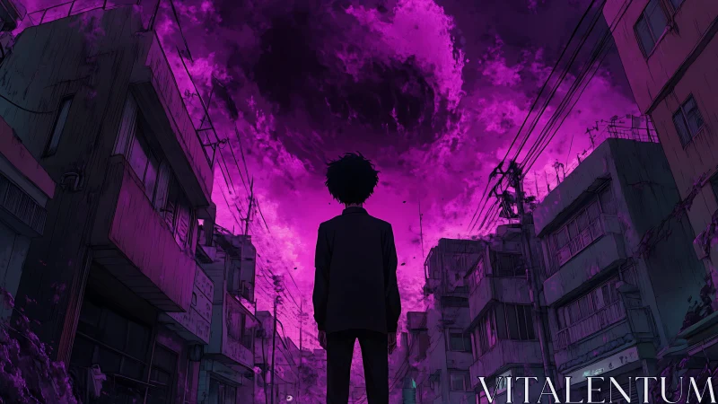 Urban observer facing apocalyptic magenta vortex skyfield.