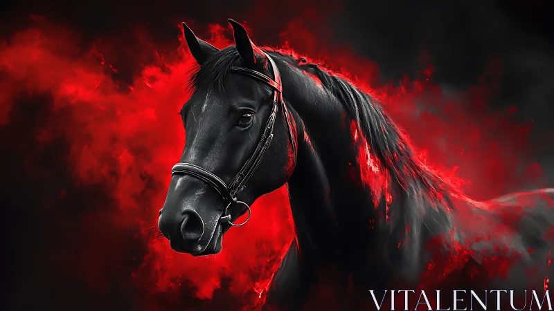 Majestic black horse emerges through vivid red flames