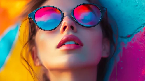 Woman in neon sunglasses leans against vivid painted wall