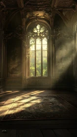 Sunlit abandoned salon with ornate arched window drama.