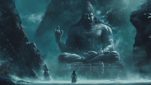 Colossal seated deity statue towers over lone cloaked figure