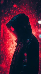 Hooded figure in backlit rain with high contrast neon red rim light