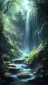 Sunlit jungle waterfall inviting you into a secret haven.