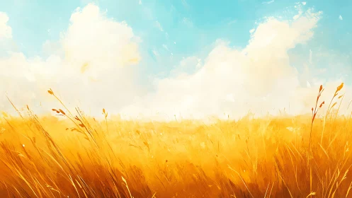 Golden wheat field stretches under bright blue sky