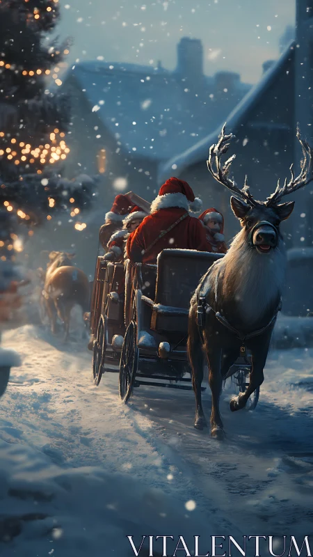 Snowy Christmas sleigh ride through a twinkling village.