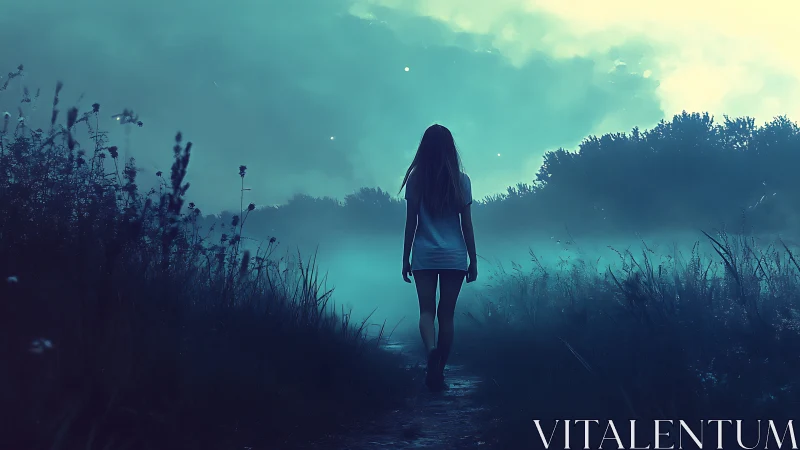 Solitary girl walks misty twilight path through meadow.