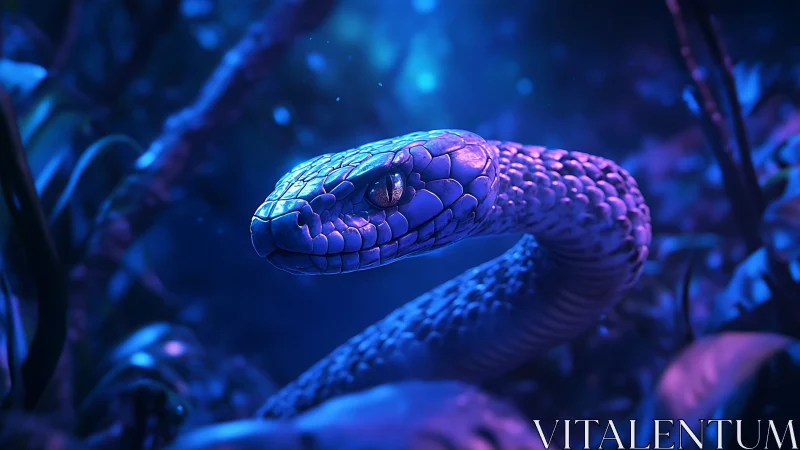 Bioluminescent blue snake in dense nocturnal jungle scene.