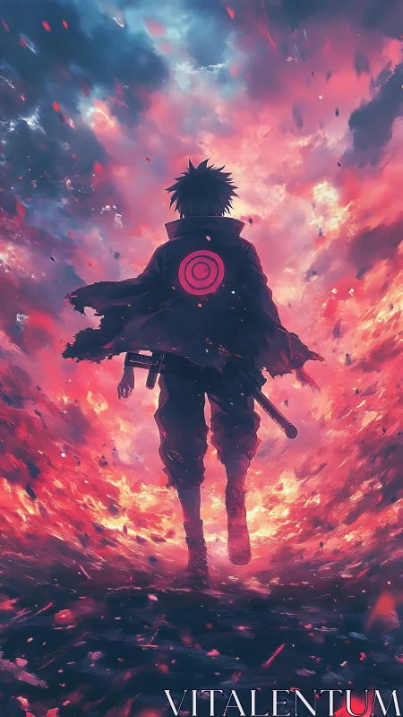 Backlit swordsman silhouette amid flaming vortex sky.