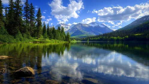 Mountain lake mirrors bright sky in tranquil alpine harmony