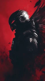 Armored avian-headed figure in profile against red field.