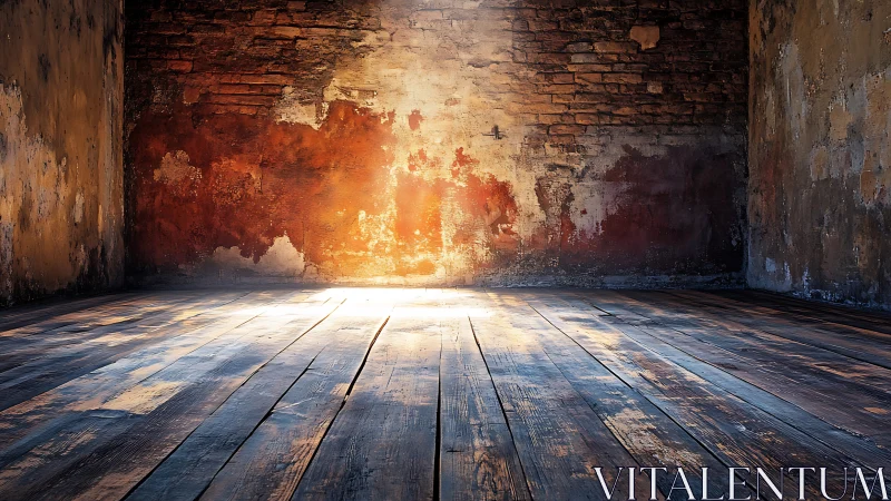 Sunlit decay on worn planks in a quiet abandoned chamber.