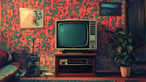 Retro CRT television in vivid patterned living room set.