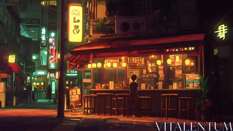 Neon lit ramen bar with solitary patron in stylized night street.