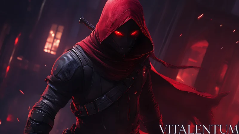 Hooded figure with glowing eyes in red-lit urban alleyway.