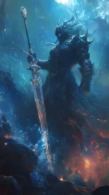 Armored abyssal warrior wields crystalline blade in infernal surf