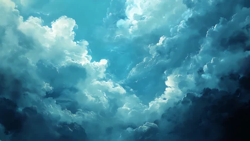 Layered cumulus cloudscape under bright cyan sky.