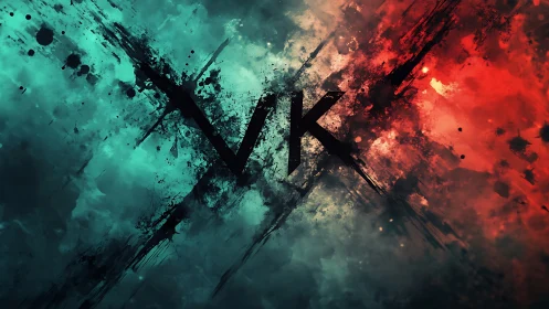 Central VK monogram intersects teal and red digital fields