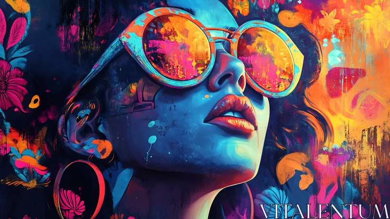 Neon surreal portrait with reflective sunglasses and florals.