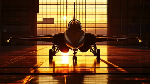 Silhouetted fighter jet aligned against hangar sunrise grid