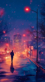 Solitary figure under neon rain on reflective city street.