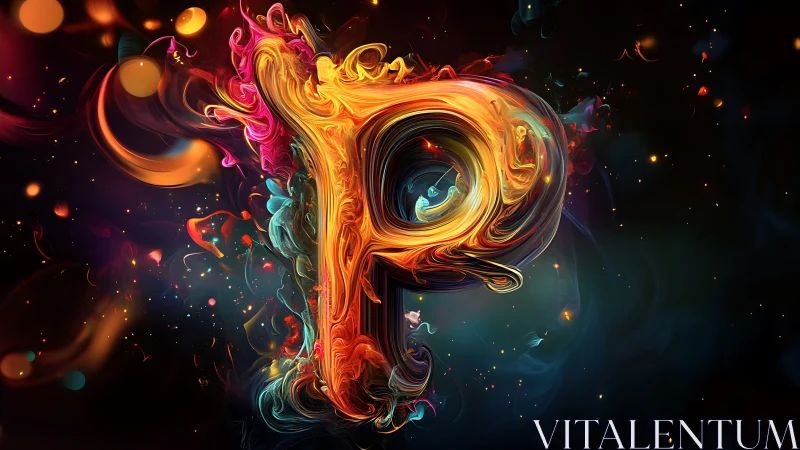 Flaming letter P in swirling abstract neon fluid typography.