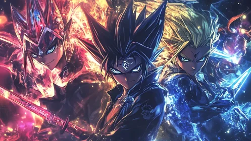 Elemental duelists command fire, shadow, water energy burst.