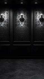 Moody black corridor with ornate wall lights aglow softly.