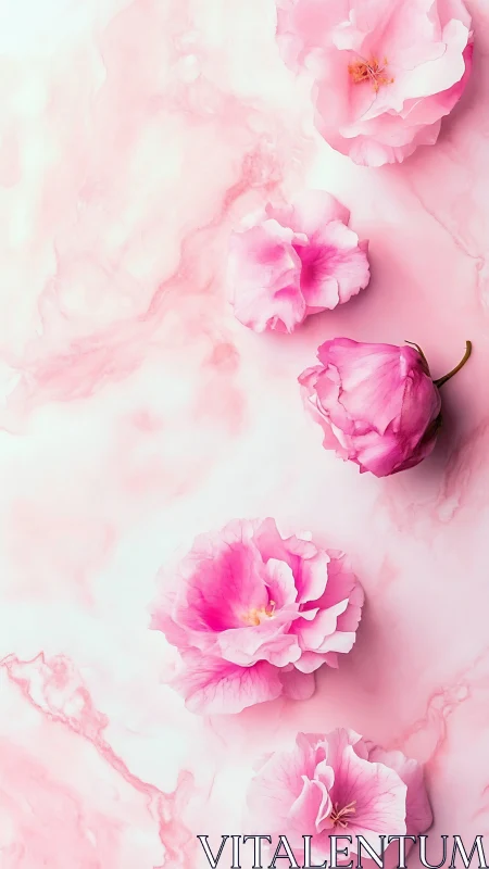 Pink camellia florals on soft marble pastel backdrop.