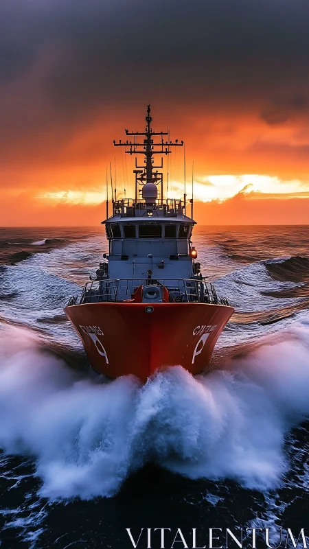 Rescue vessel cuts through stormy waves at blazing sunset