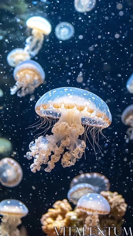 Translucent jellyfish drift through deep blue seawater.