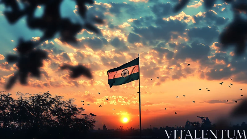 Photorealistic sunset skyline with silhouetted national flagpole.