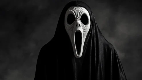 Ghostly scream mask under hooded cloak, dramatic shadows.