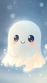 Cute glowing ghost character in soft pastel night scene.